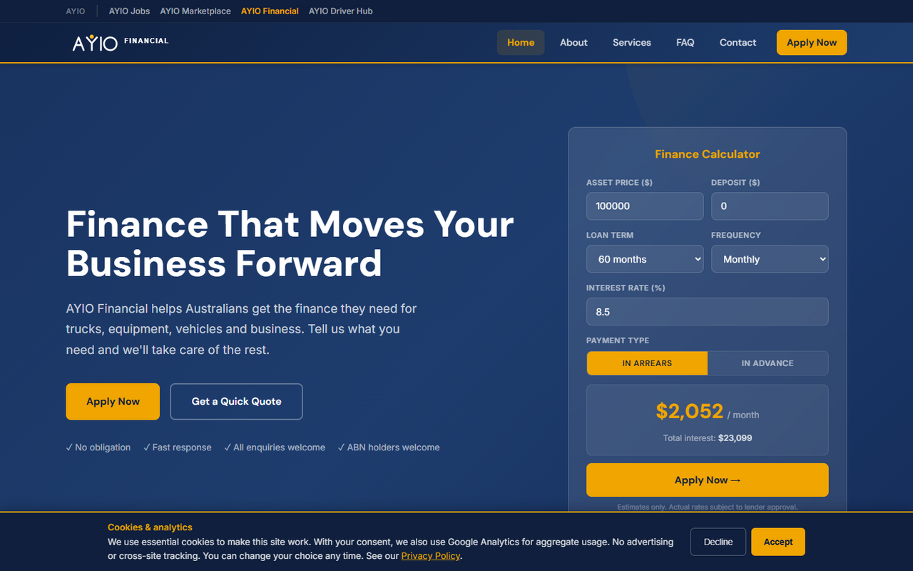 AYIO Financial — finance application flow with 6-step progress